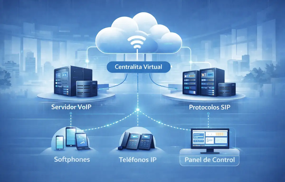 Arquitectura de una centralita virtual en la nube con servidor VoIP protocolo SIP y teléfonos IP