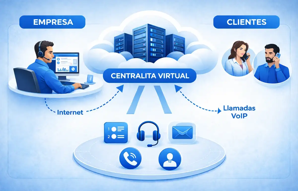 Infografía de como funciona una centralita telefónica virtual conectando empresa centralita virtual en la nube y clientes mediante llamadas VoIP