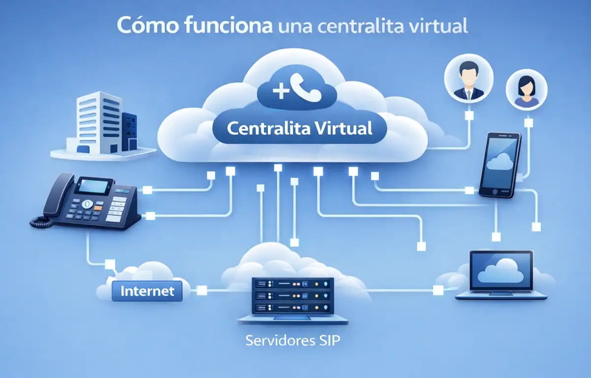 Infografía cómo funciona una centralita virtual en la nube con tecnología voip