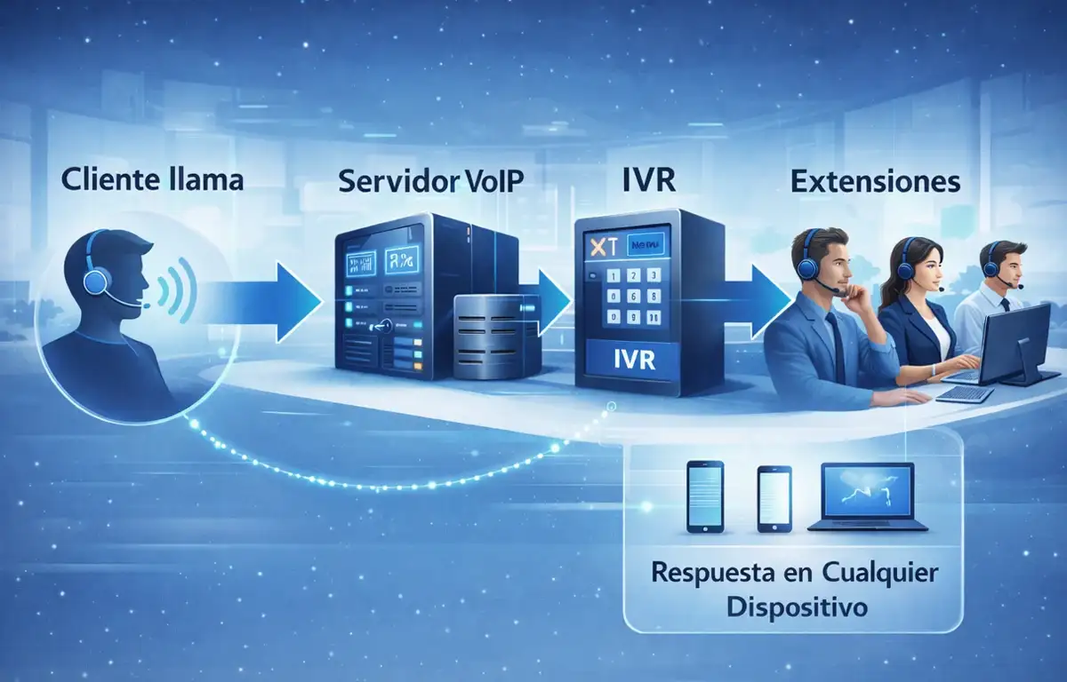 Flujo de llamada de una centralita virtual voip con servidor IVR y extensiones empresariales